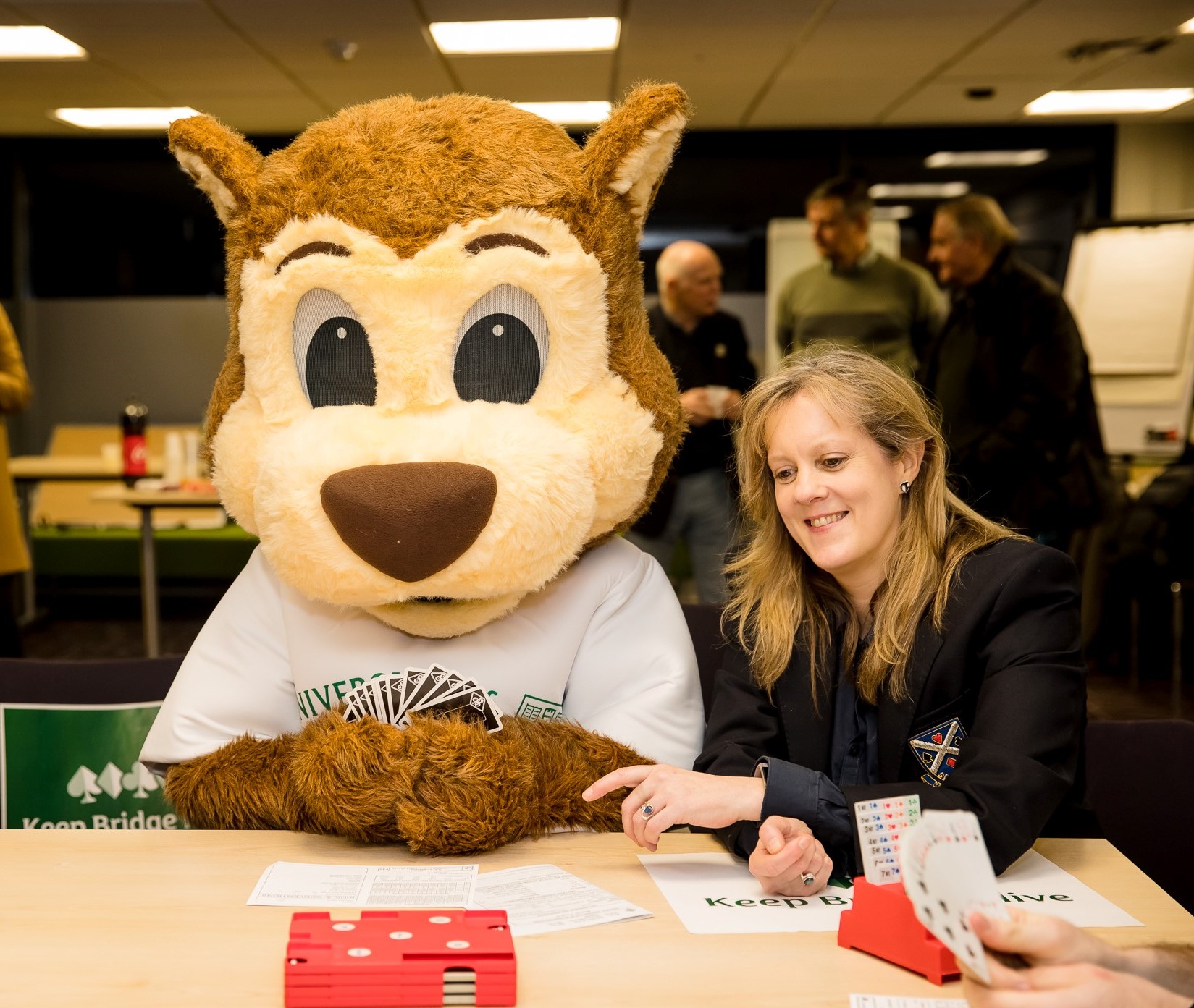 Samantha Punch with the University of Stirling mascot at the launch of the Keep Bridge Alive campaign, February 2019